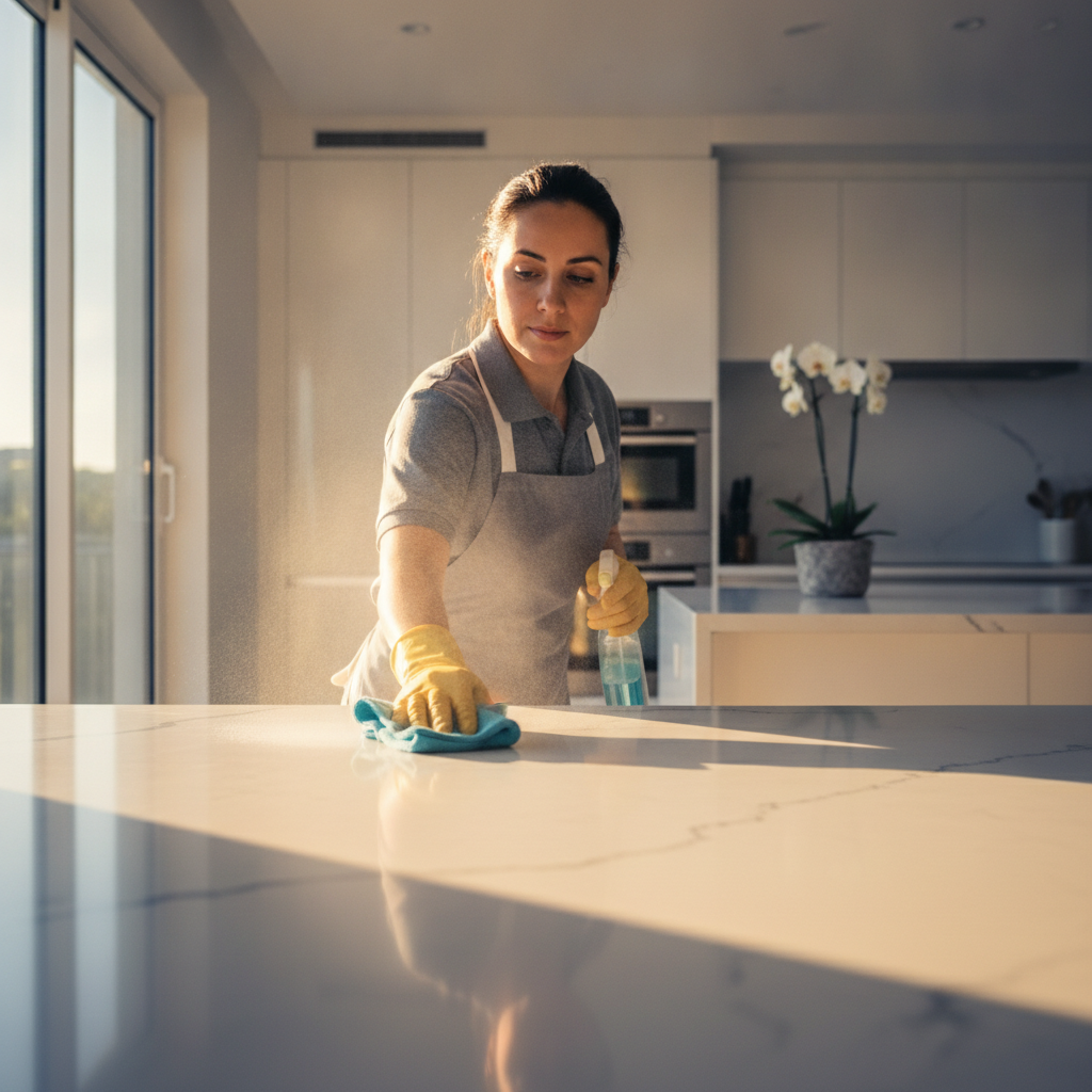 A residential cleaner wiping down a kitchen counter