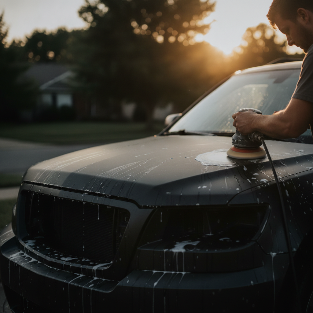 A mobile detailer polishing a vehicle in a driveway